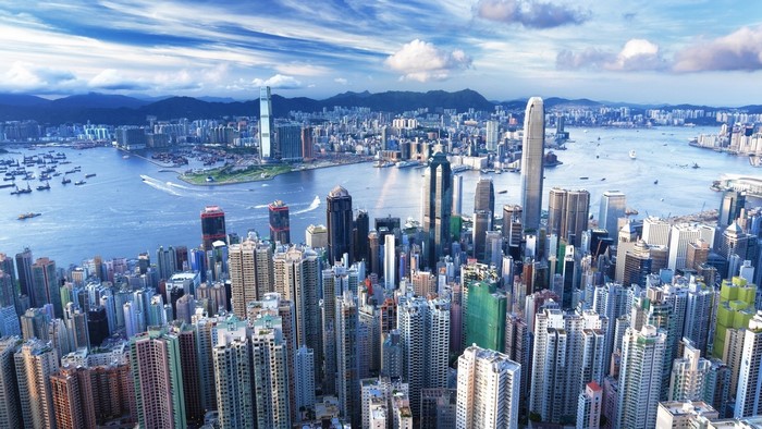 Hong Kong skyline with Victoria Harbour and mountains