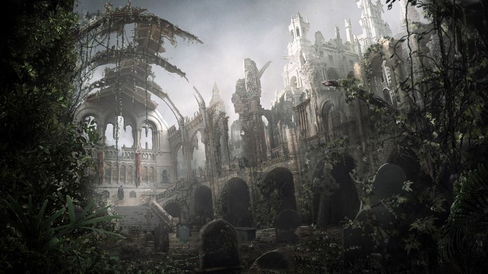 Ancient Overgrown Ruined Temple with Graves