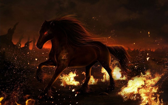 Dark Horse Running Through Fiery Field