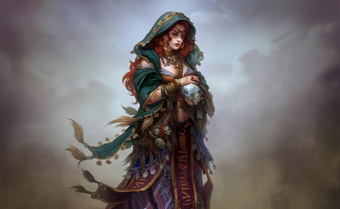 Mystical Gypsy Witch Holding a Skull