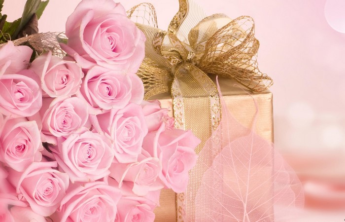 Pink Roses and a Gift Box with Gold Ribbon