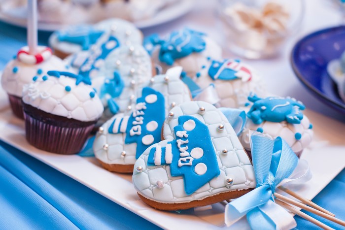Decorated Heart-Shaped Blue and White Cookies