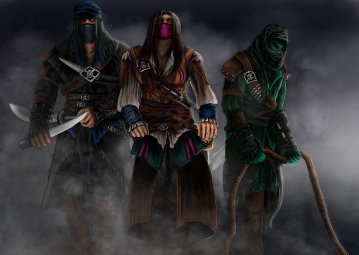 Three assassins with masks and weapons in smoke