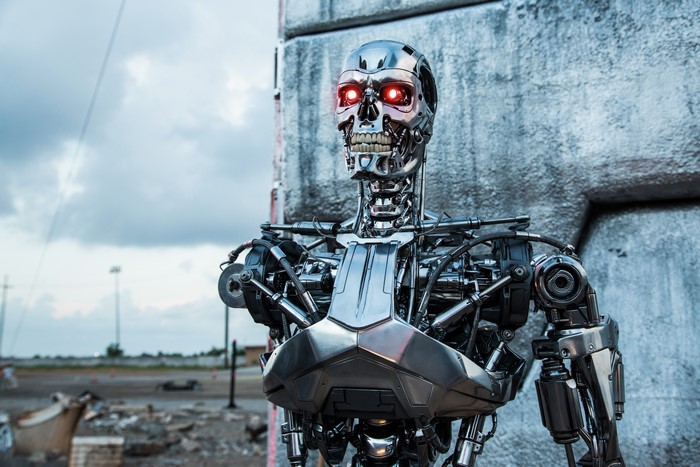 Terminator T-800 robot with red eyes