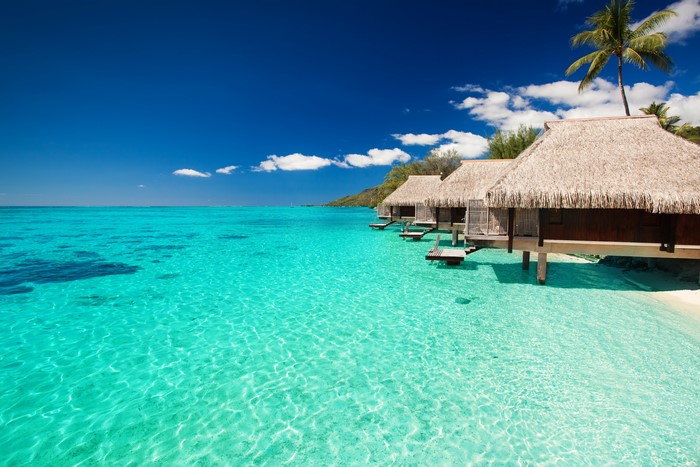 Overwater bungalows in a tropical paradise