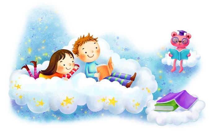 Children and teddy bear reading on clouds with stars