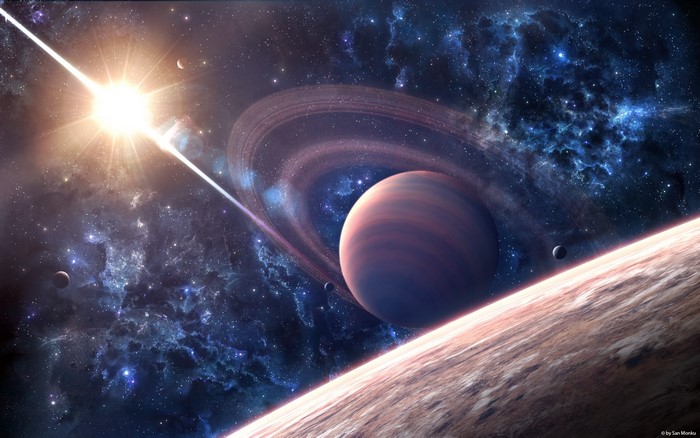 Planet with rings and a bright star in a nebula