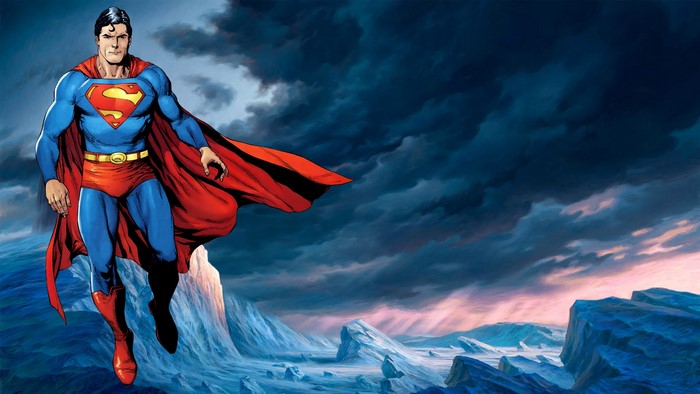 Superman from DC Comics flying over icy landscape