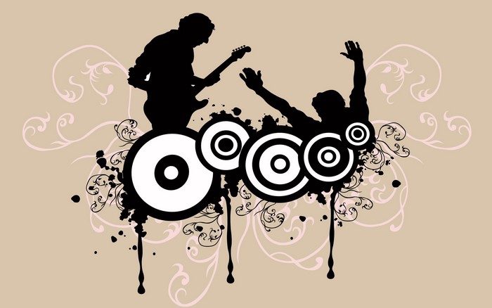 Silhouettes of musicians and dancers with abstract elements