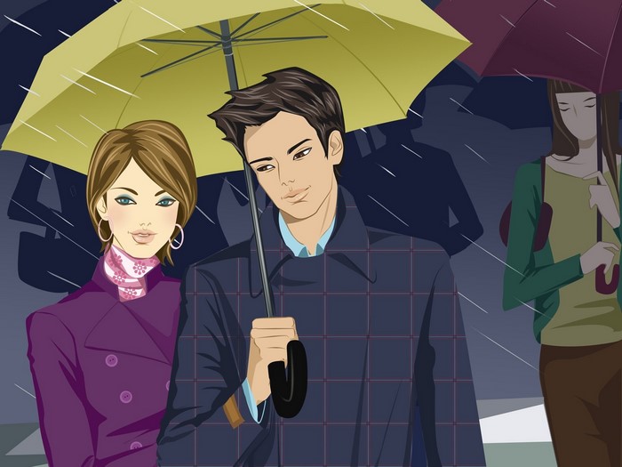Couple under umbrellas in the rain