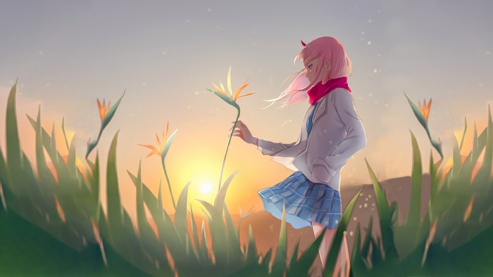 Zero Two from Darling in the Franxx holding a flower