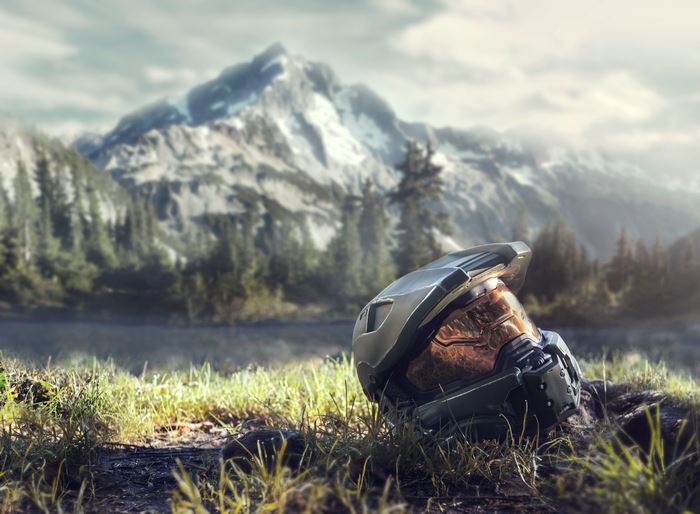 Master Chief helmet from Halo in a mountain landscape