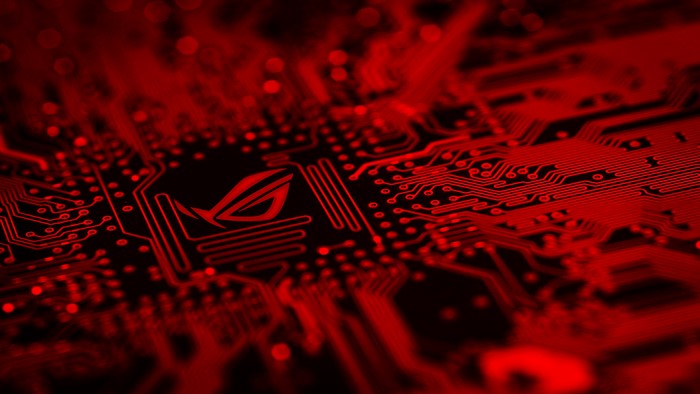 Republic of Gamers logo on a red circuit board