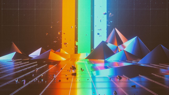 Abstract geometric landscape with colorful light beams