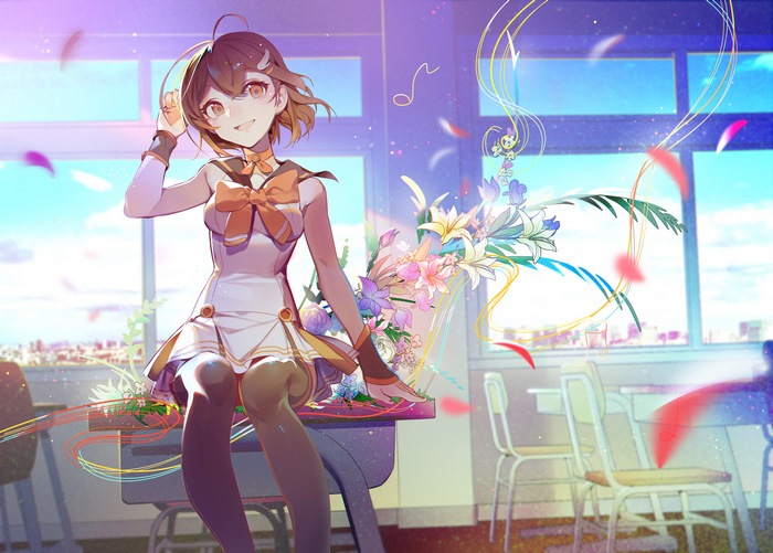 Anime girl with flowers in a classroom