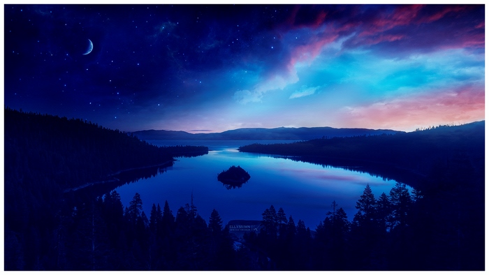 Twilight lake landscape with crescent moon and stars