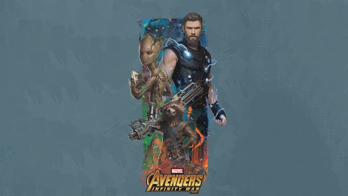 Thor, Rocket, and Groot from Avengers Infinity War
