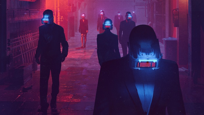 Cyberpunk figures with futuristic masks in neon alley