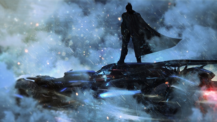 Batman on Batmobile in the rain
