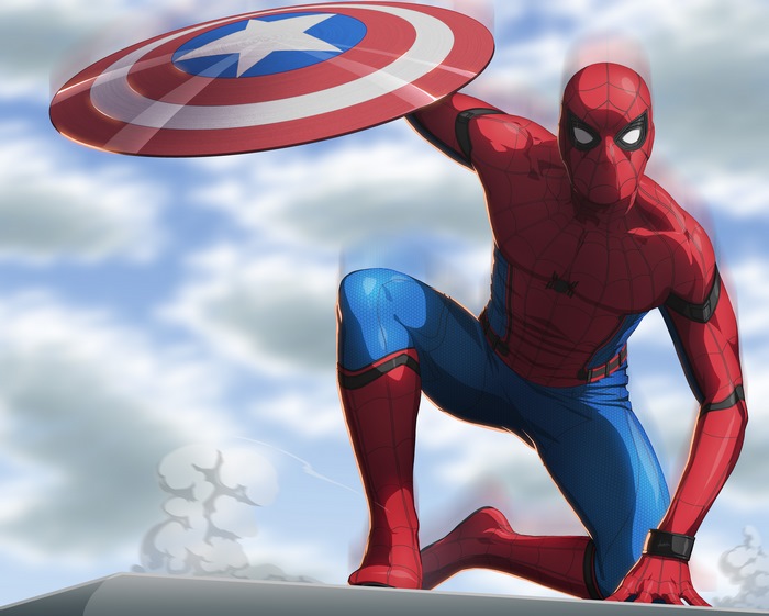 Spider-Man with Captain America Shield 4K Artwork
