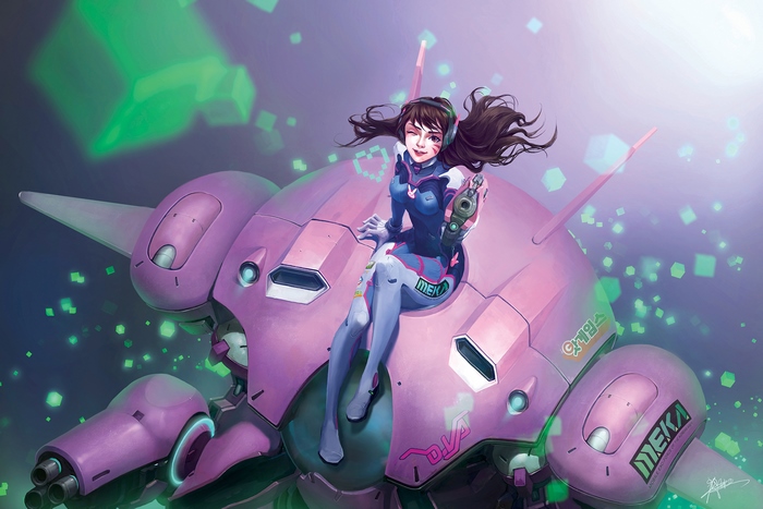 D.Va from Overwatch sitting on her MEKA
