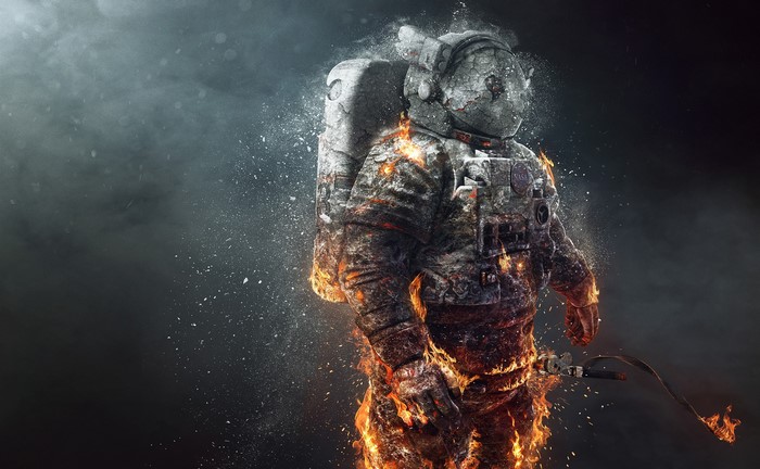 Astronaut Engulfed in Flames in Sci-Fi Setting