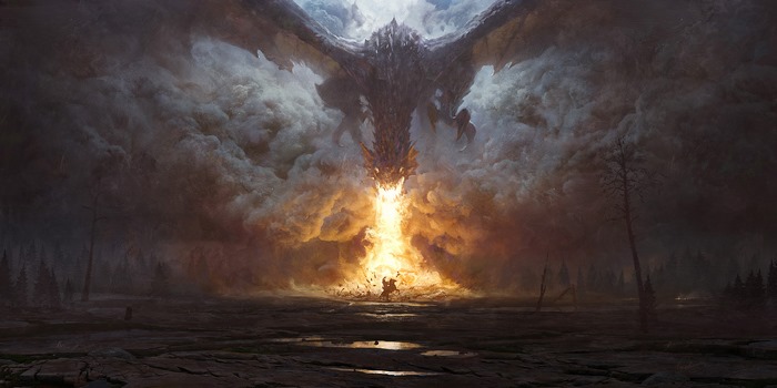 Dragon breathing fire on a knight in a forest