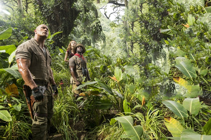 Dwayne Johnson, Karen Gillan, and Kevin Hart in Jumanji: Welcome to the Jungle
