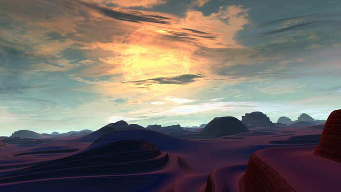Sci-fi alien landscape with a large sun