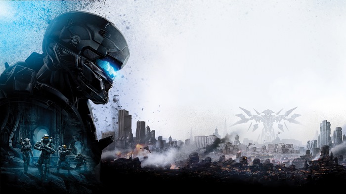 Master Chief from Halo 5 in a ruined city