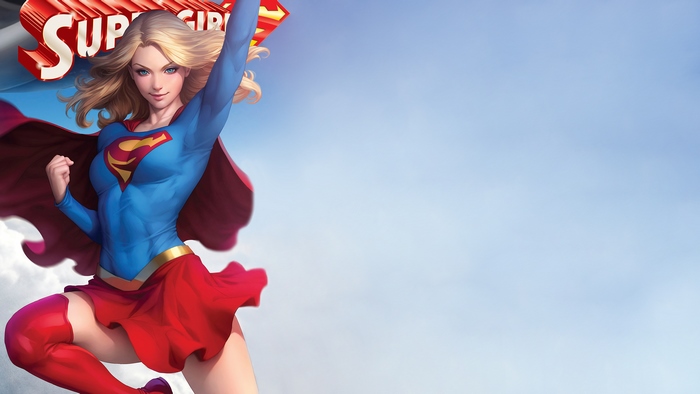 Dynamic Supergirl Flying Pose in Bright Sky