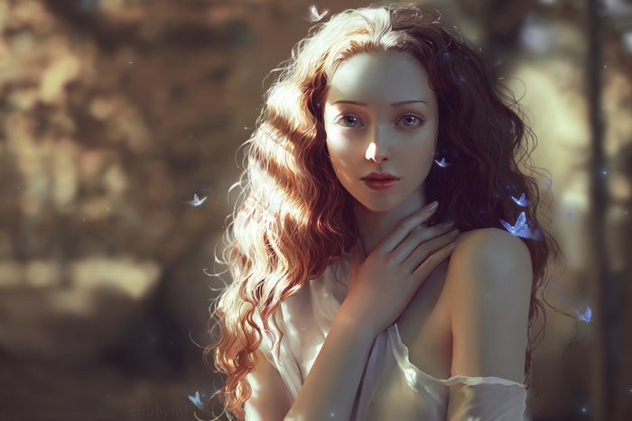 Fantasy girl with butterflies in forest