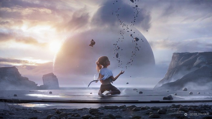 Girl Summoning Floating Rocks on Alien Landscape