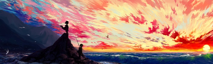 Anime artwork of two figures by the sea at sunset
