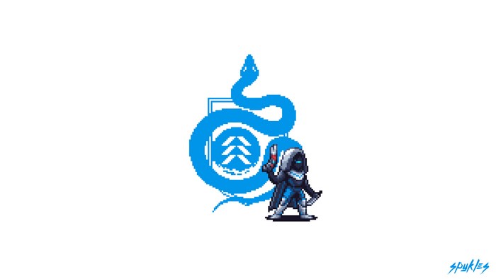 Pixel art Hunter from Destiny with blue snake emblem