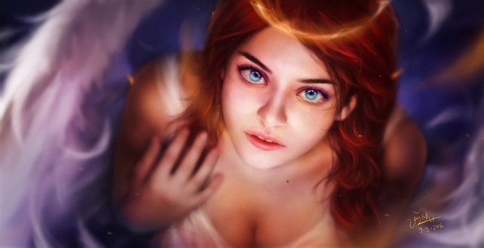Fantasy angel girl with red hair and blue eyes