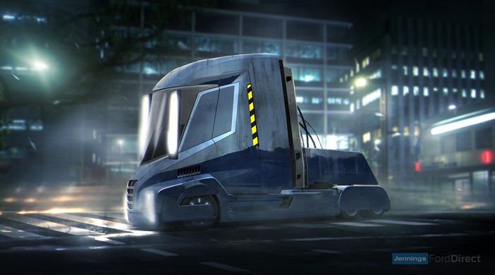 Futuristic truck in a city at night