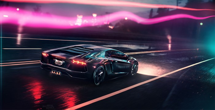 Lamborghini driving on a wet road with neon lights
