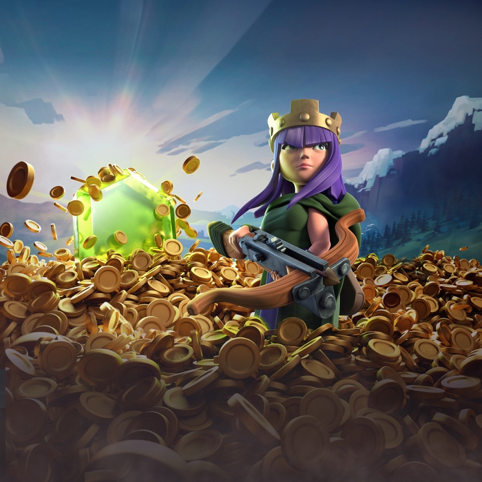 Archer Queen from Clash of Clans with coins and gems