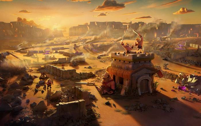 Clash of Clans battle scene with warriors and structures