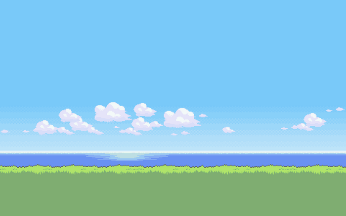 Pixel art landscape with clouds, ocean, and grass