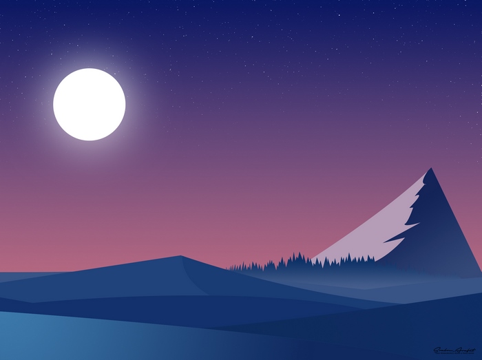 Minimalist digital art of mountains under a full moon