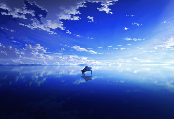Piano on a reflective body of water under a cloudy sky