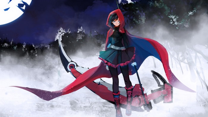 Ruby Rose with Crescent Rose Weapon under Moonlight 4K