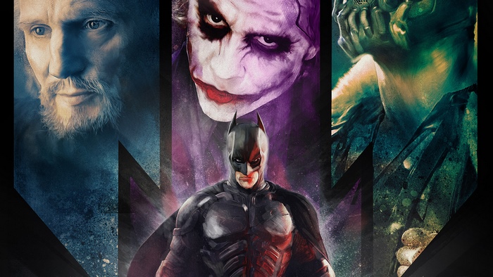 Batman, Joker, Bane, and Ra's al Ghul from The Dark Knight Trilogy