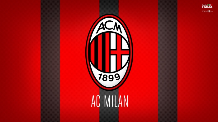AC Milan logo and text on red and black striped background