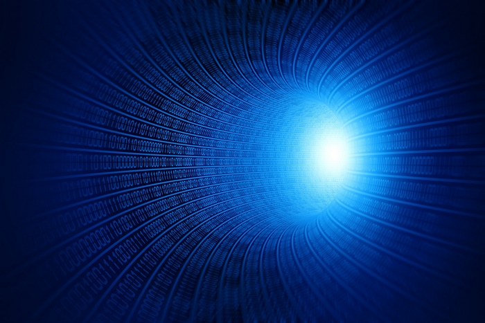 Blue Tunnel with Streaming Binary Code