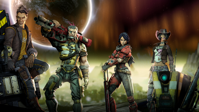 Borderlands characters Handsome Jack, Athena, Nisha, and Wilhelm