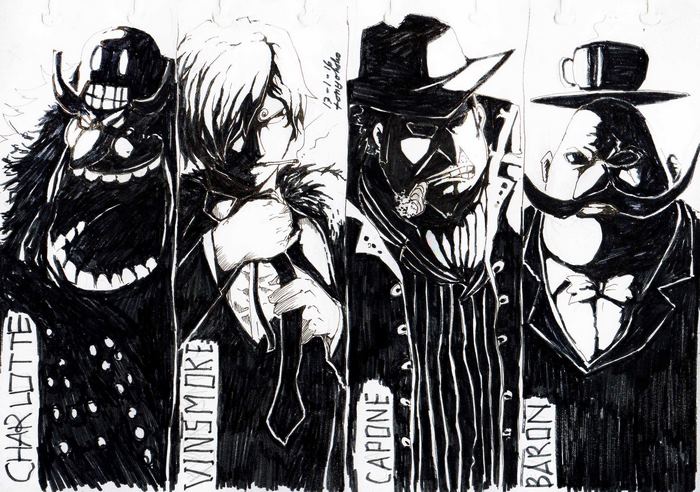 Charlotte Linlin, Vinsmoke, Capone Bege, and Baron Tamago from One Piece