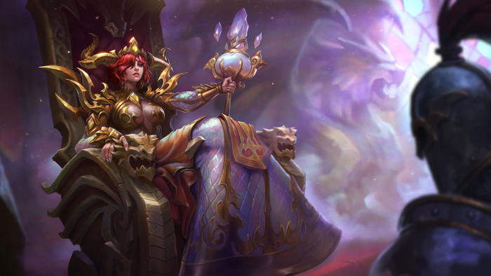 Nox from Smite sitting on a throne